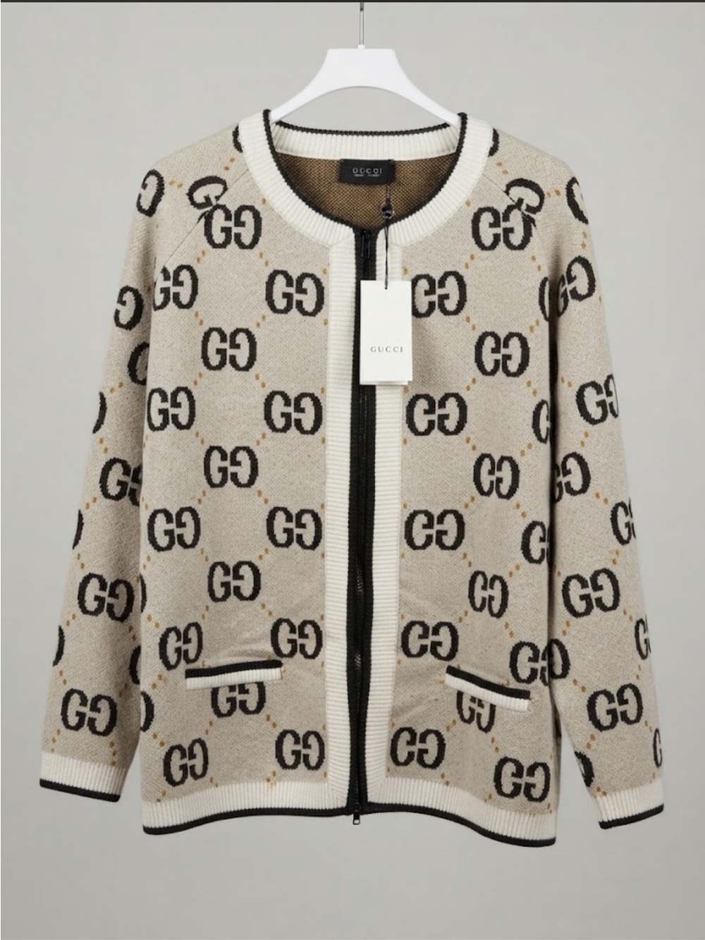 NWT Women's Beige GG Logo Zip Cardigan Jacket